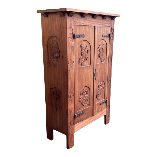 Spanish Gothic Style Walnut Entry Wardrobe With Five Hangers and Carvings For Sale