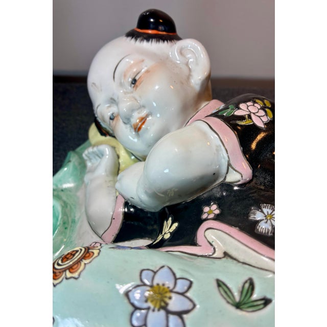 Turquoise Mid 20th Century Chinese Hand Painted Porcelain Child Resting Pillow For Sale - Image 8 of 10