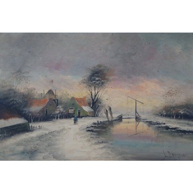 Vintage L Brugman Winter River Landscape Oil Painting on Board 29" For Sale - Image 4 of 11