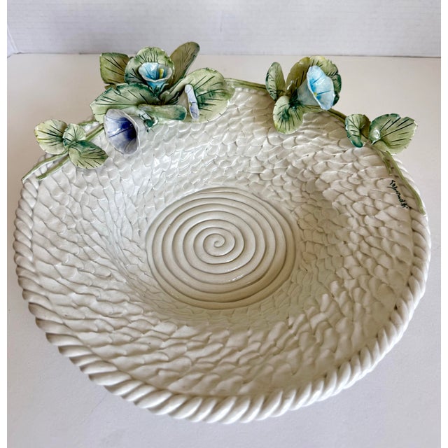 Here is a vintage Italian majolica bowl from Laveno, beautifully decorated with dimensional trompe l’oeil morning glory...