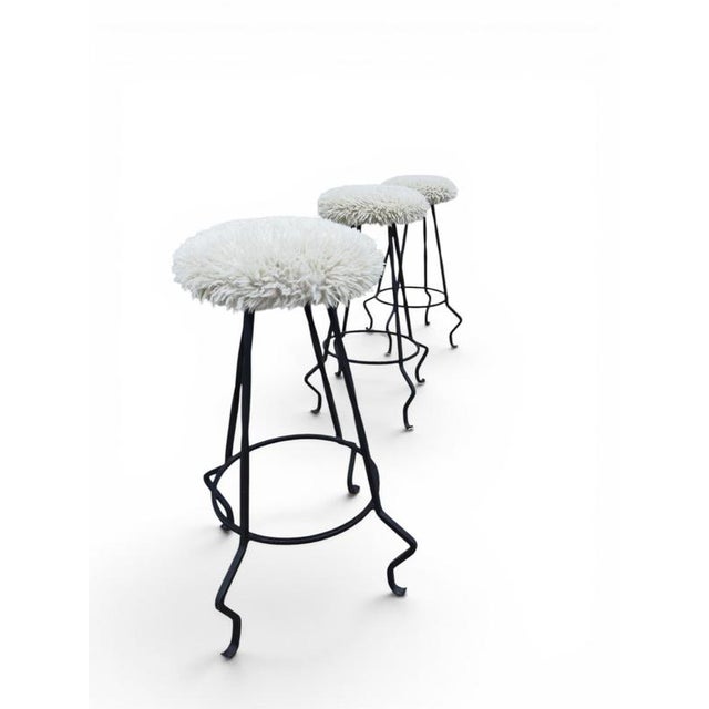 Steel and Wool Barstools, Set of 3 For Sale - Image 4 of 6