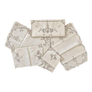Vintage Madeira Style Embroidered Linen Table Set 5 For Sale