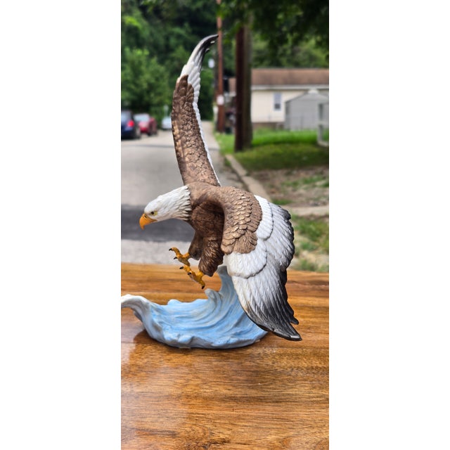 Large Limited Edition Hand-Painted Bald Eagle Sculpture in Flight With Wave Base For Sale - Image 12 of 12