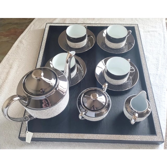 12pc Platinum Limoges Porcelain Swarovski Crystal Tea Coffee Set & Tray - Service for 4 France For Sale - Image 12 of 17