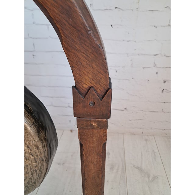 Antique Gothic Revival Oak Freestanding Dinner Gong in Silvered Brass, 1800s For Sale - Image 10 of 13
