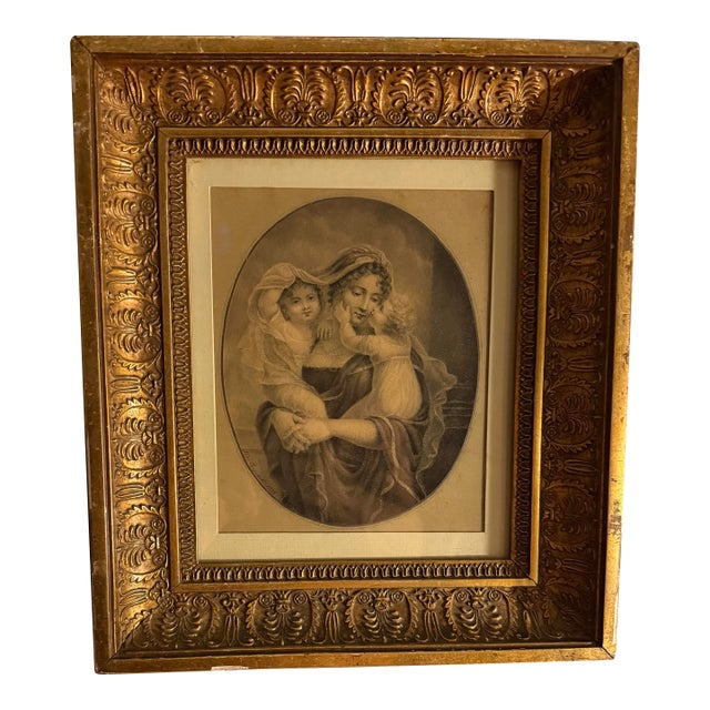 Stunning 1833 Drawing of Mother & Children Signed "Aline Regnault" in Antique Gilt Frame For Sale