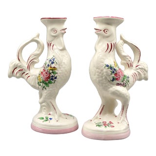 French Luneville Rooster Candle Holders, a Pair For Sale