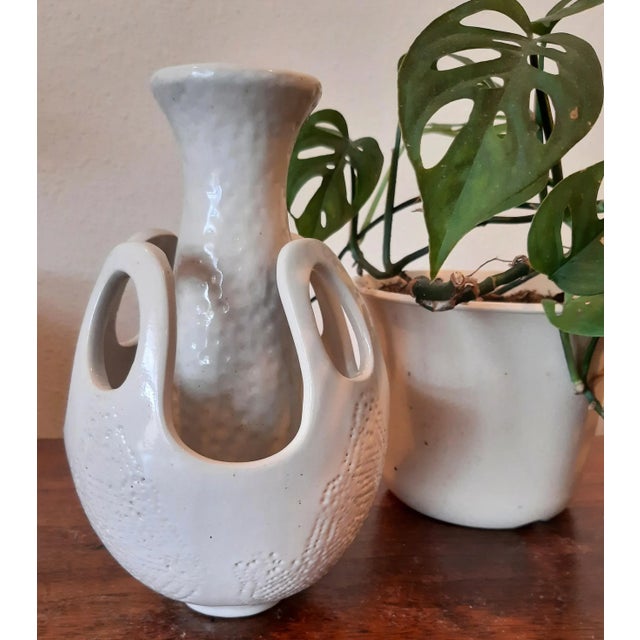 Double Abstract Glazed White Pottery Vase For Sale - Image 4 of 7