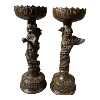 Pair of Bronze Dragon & Phoenix Candlesticks – 6.7" Figural Candle Holders For Sale