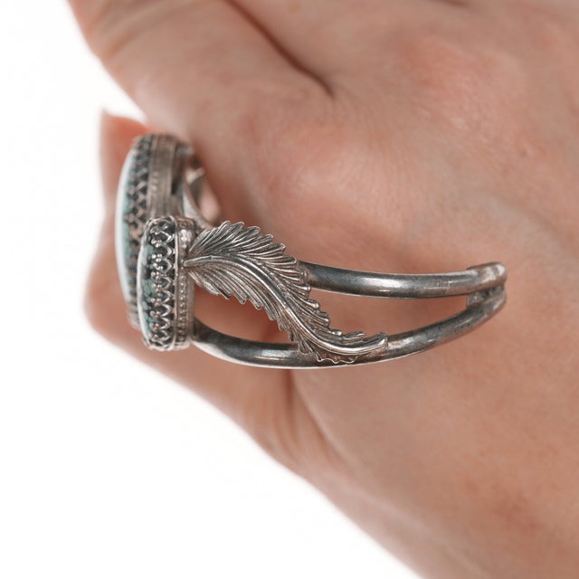 6.5" Vintage Southwestern sterling and turquoise cuff bracelet with fancy bezels For Sale In Austin - Image 6 of 11