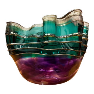 Signed Studio Art Ruffled Glass Bowl, 1995 For Sale