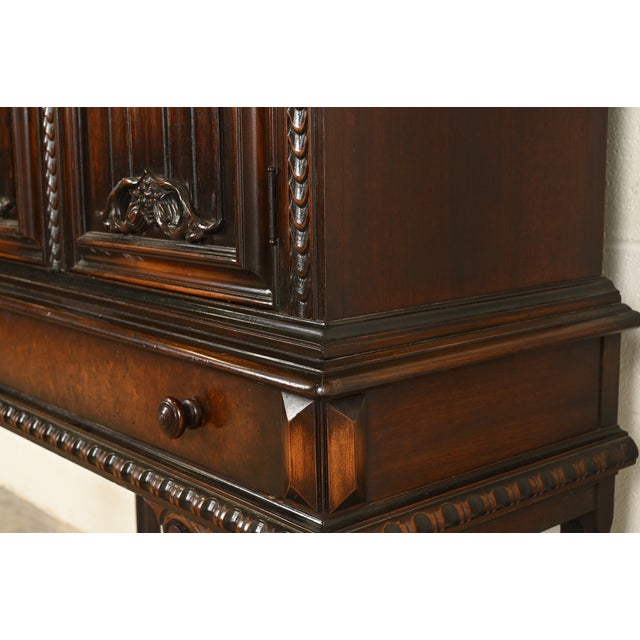 Berkey & Gay Antique English Jacobean Carved Walnut and Burl Wood Bar Cabinet, Circa 1920s For Sale - Image 11 of 16