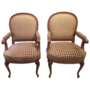 French Carved Walnut Upholstered Armchairs - A Pair