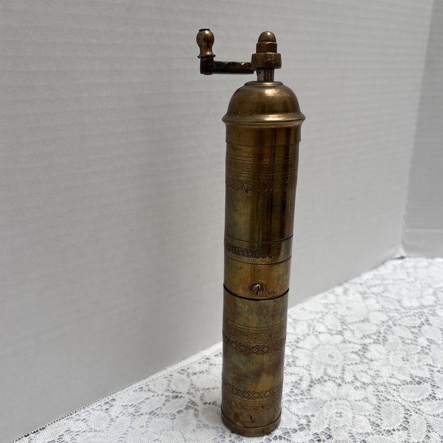 Farmhouse Vintage Aged Tall Brass Spice or Pepper Mill Grinder For Sale - Image 3 of 9