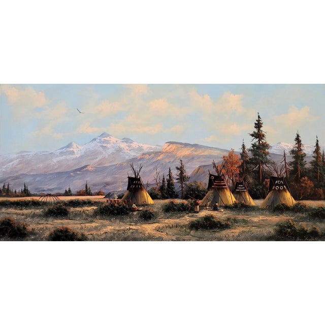 American Heinie Hartwig -Indian Camp W/Teepees in the Rocky Mountains-Oil Painting For Sale - Image 3 of 10