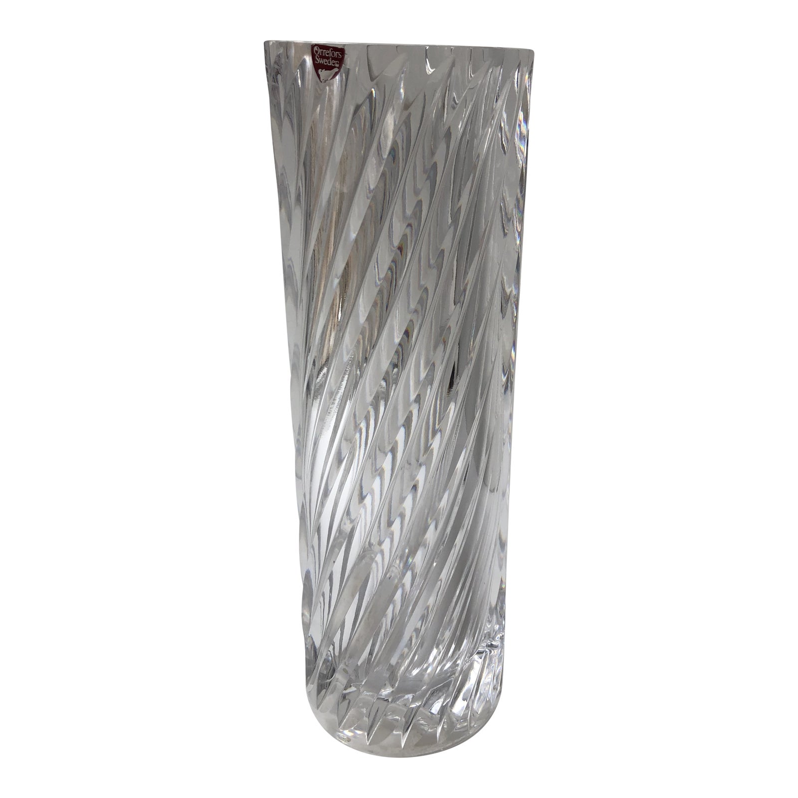 Vintage Orrefors Crystal Glass Vase Swirl Ribbed Cylinder Vase Heavy