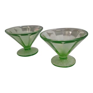 Vintage 1930's Depression / Uranium Glass Federal Glass Paneled Optic Sherbets (2) For Sale