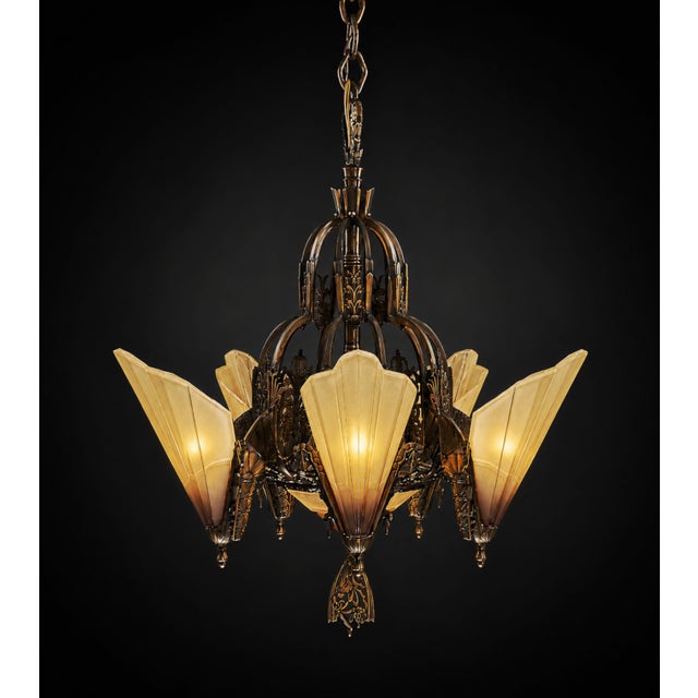 1930s Mid-West Mfg. Soleure Series Art Deco 6-Light Slip Shade Chandelier in Cast Bronze For Sale - Image 15 of 15