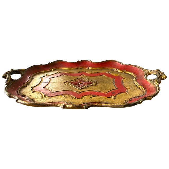 Charming Italian Florentine tray, beautifully hand-painted in rich vermilion red and antique gold. The scalloped...