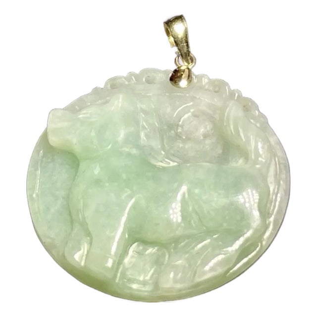 Jadeite Jade in 14k Gold Apple Green Carved Pendant For Sale