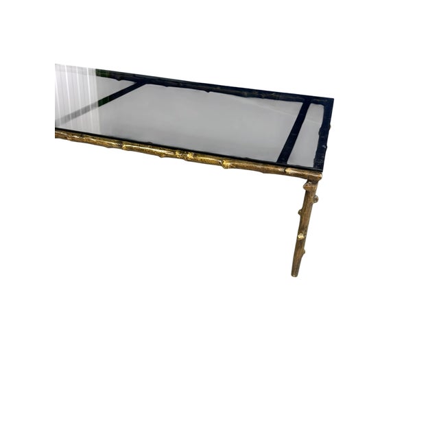 Mid-Century Modern Mid-Century Hollywood Regency Faux Bamboo Coffee Table with Bronze Base, 1950 For Sale - Image 3 of 11