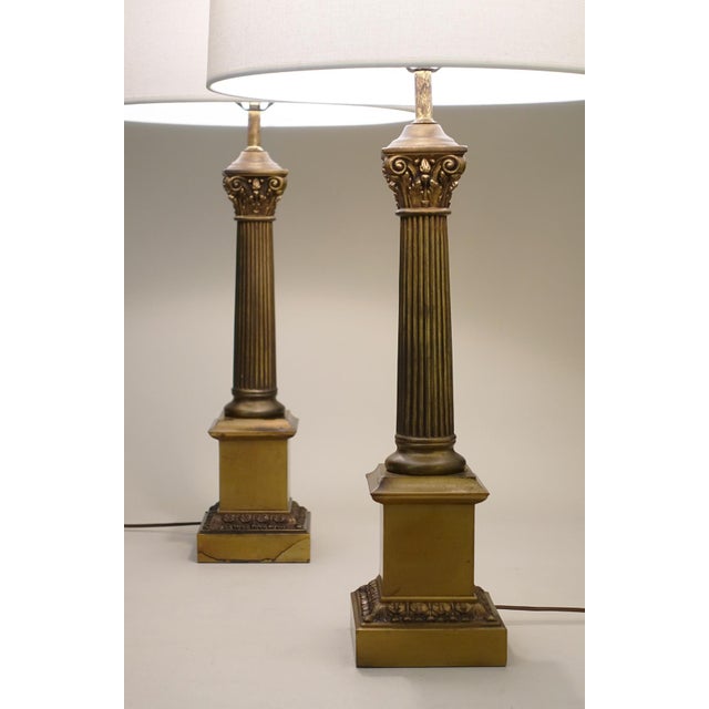 Westwood Lamps Large Pair Westwood Neoclassical Hollywood Regency Corinthan Column Bronzed Brass Table Lamps 1960's Tony Paul For Sale - Image 4 of 10