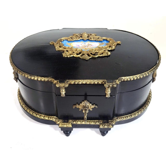 XXL Antique French Ebony Napoleon III Bronze & Sevres Plaque Vanity Jewelry Box For Sale - Image 10 of 15