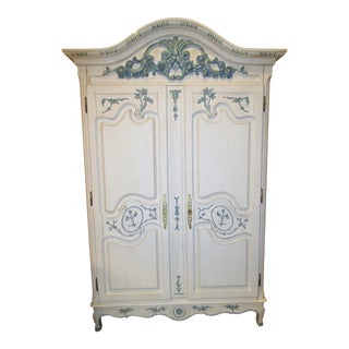 Blue & White Carved Wood Armoire For Sale