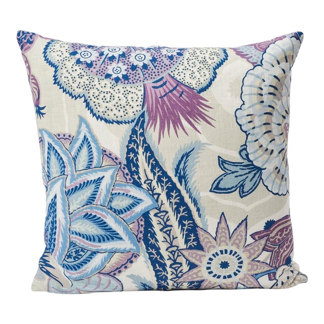 Schumacher Zanzibar Linen Print Double-Sided Pillow in Hyacinth For Sale