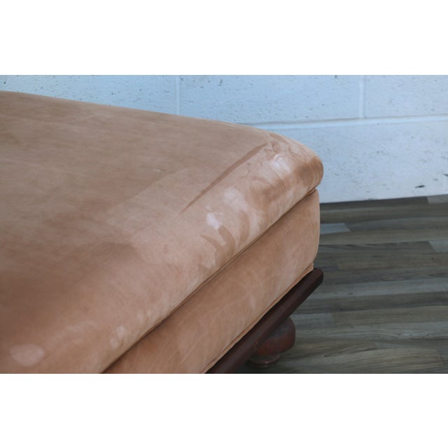 English Oversized Vintage Ralph Lauren Tan Leather & Wood Ottoman With Bun Feet For Sale - Image 3 of 18