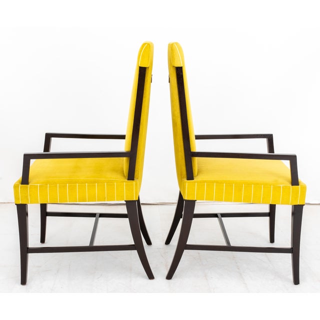 Pair of Michael Berman "Nora" Arm Chairs, upholstered in chartreuse striped fabric, with polished nickel handle to back,...