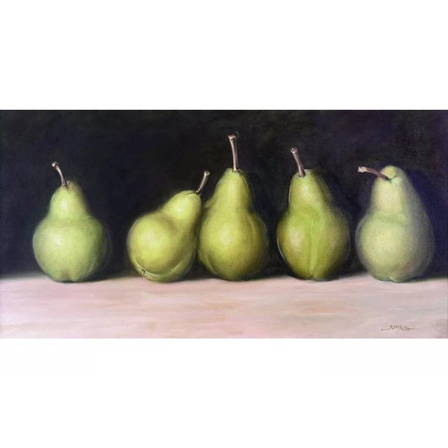 Robert McKellar (British, 1945-2009), still life of five pears, signed oil on canvas, H-60cm, W-115cm, framed.