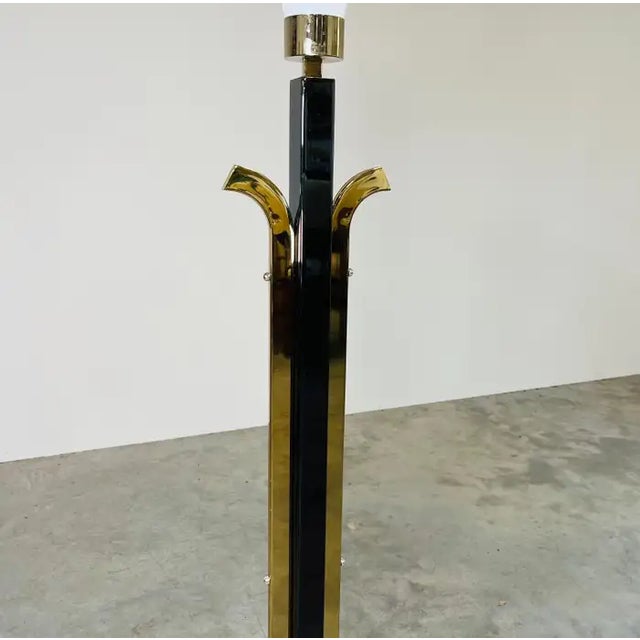 1980s Art Deco Style Torchere Floor Lamp Brass & Black Lacquer For Sale - Image 5 of 7