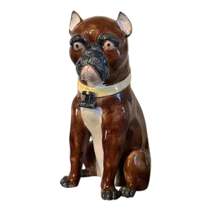 Large Antique 19th Century English Victorian Majolica Dog Figure of a Boxer, Bulldog or Boston Terrier