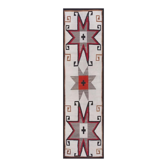 1930s White Star Geometric Antique Native American Navajo Crystal Flat Weave Rug For Sale