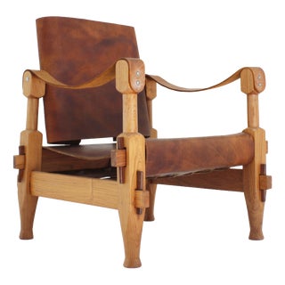 Vintage Brutalist Safari Armchair in Wood and Cognac Leather, 1960s For Sale