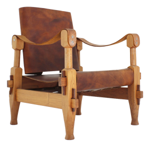Vintage Brutalist Safari Armchair in Wood and Cognac Leather, 1960s