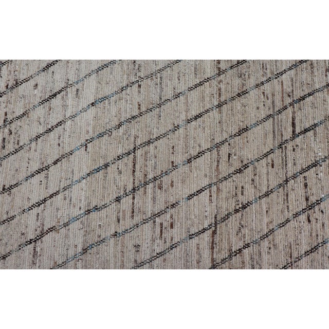 Modern Hand-Knotted Runner in Wool With Linear Design in Blue & Neutral Tones For Sale - Image 9 of 12