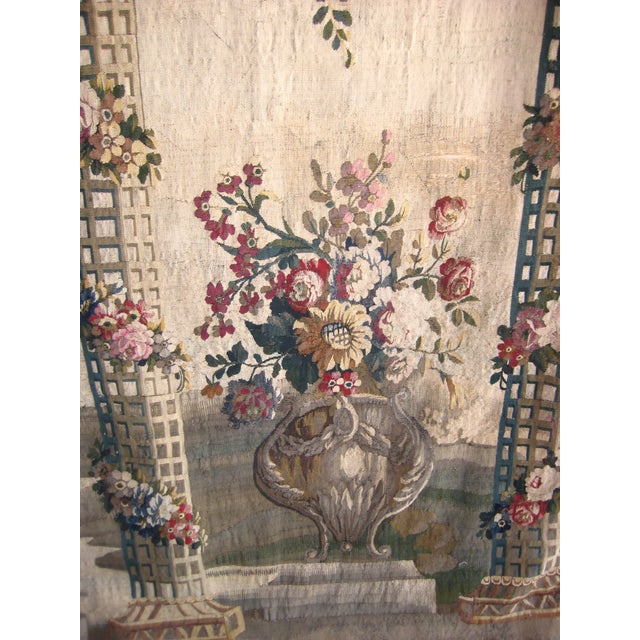 French Aubusson Verdure View of a Trellis Decor, Flowers and Putti Statue 1700 Hundreds For Sale - Image 12 of 17