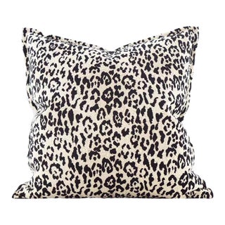 One Black and White Leopard Print Feather Velvet Pillow, 21 Inches Square For Sale