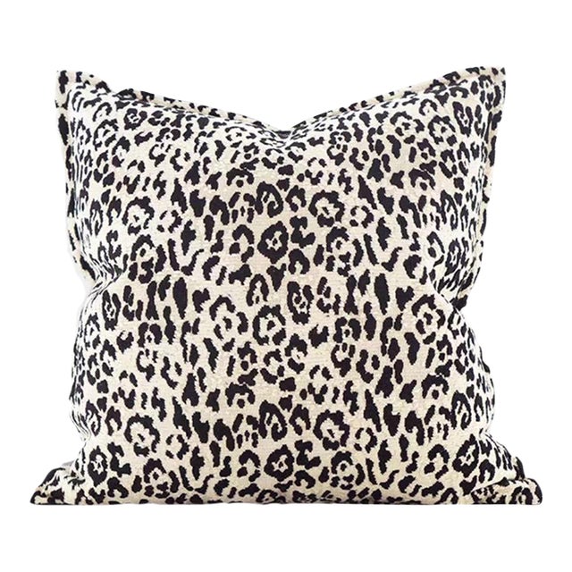 One Black and White Leopard Print Feather Velvet Pillow, 21 Inches Square For Sale