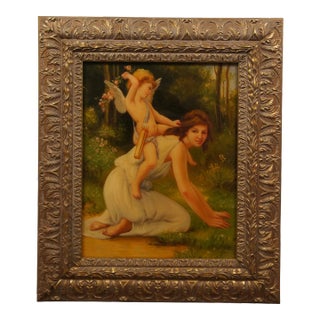 French Neoclassical Cupid & Venus Oil Painting After Guillaume Seignac 29" For Sale
