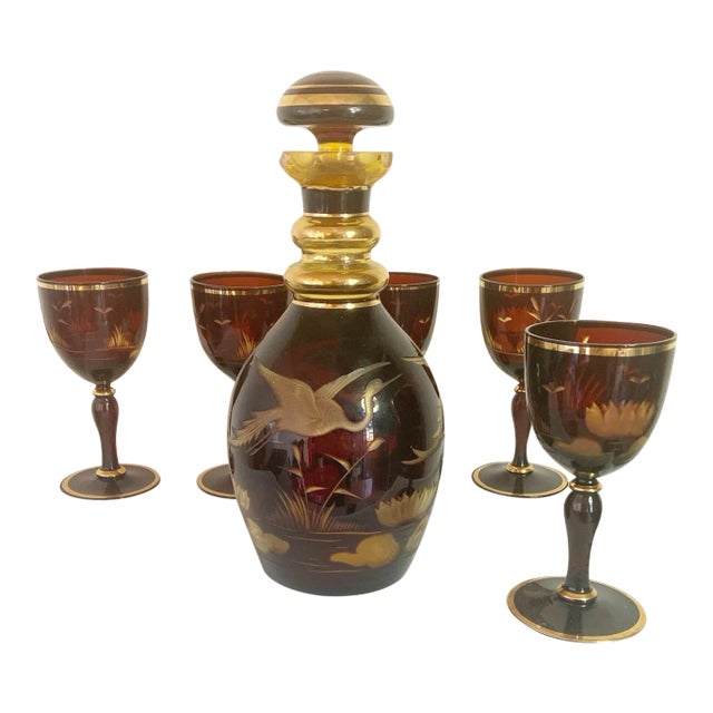 Vintage Bohemian Etched Amber Glass Decanter With Glasses- 6 Pieces For Sale