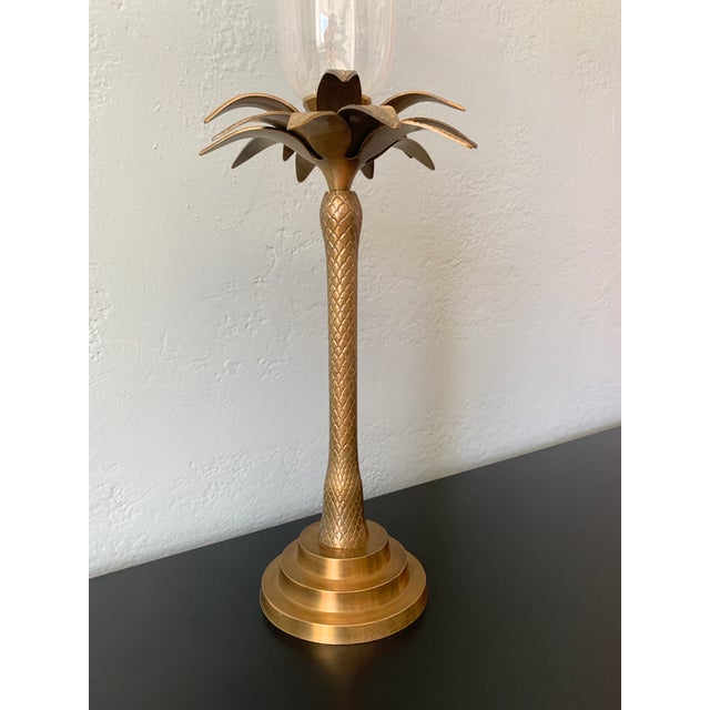 Very Large Antique Brass Palm Candle Holder with Clear glass hurricane.