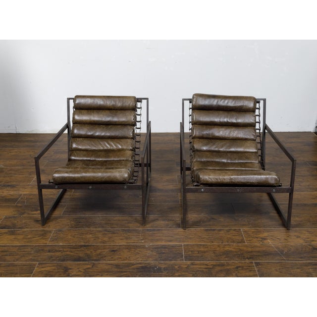 Mid 20th Century Pair of Mid 20th Century Industrial Iron Sling Transat Chairs with Brown Leather For Sale - Image 5 of 12