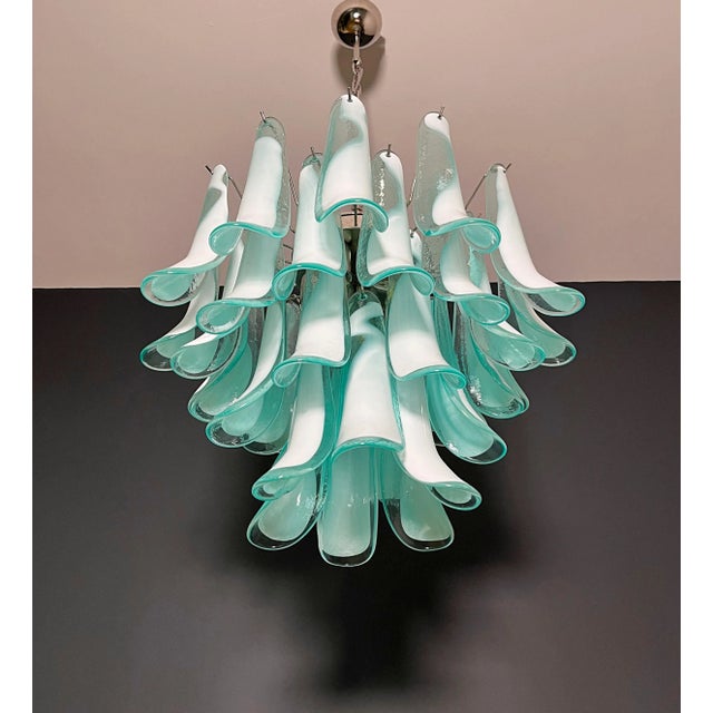 Mid-Century Modern Italian Murano Style Chandelier, 36 Lattimo Turquoise Glass Petals, Mazzega Style For Sale - Image 3 of 12