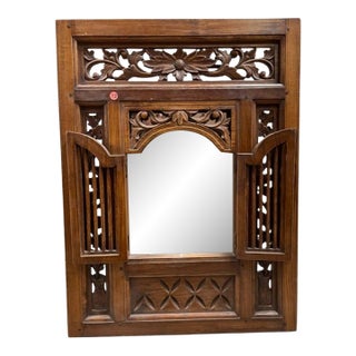 Vintage Indian Hand-Carved Teak Architectural Shutter Mirror, 32" For Sale