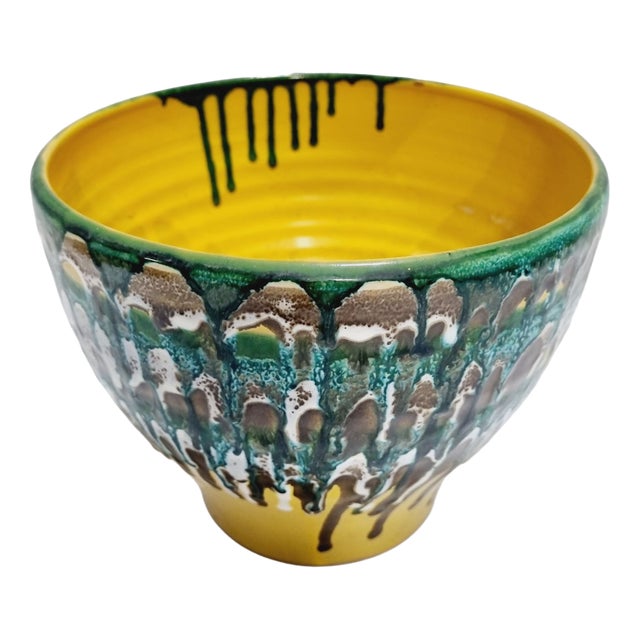 Vintage Bohemian Ceramic Planter in Green and Lemon Yellow, 1950s For Sale