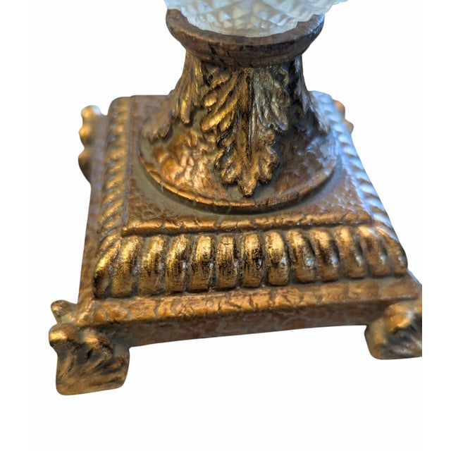 Hollywood Regency Gilded Gold and Faux Crystal Lamps With Pink Lampshades- A Pair For Sale - Image 9 of 18