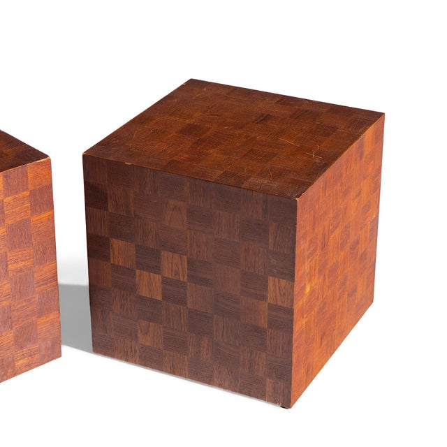 Thayer Coggin Style Mid Century Walnut Parquet Cube End Tables - Pair For Sale - Image 11 of 11